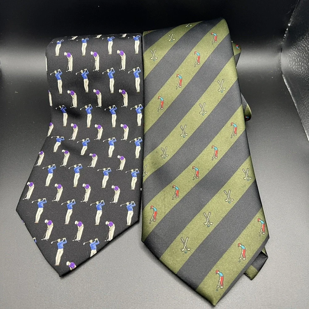 Mercedes & Lauren Ralph Lauren GOLF 100% Silk Neck Tie ~ Black Green ~ 2 Ties